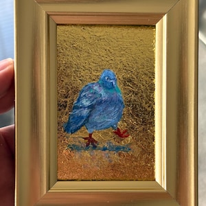 Pigeon Mini Oil Painting with Gold Leaf | Original Small Bird Artwork in Gold Frame 3.5x5”