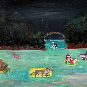 Surreal Animal Pool Party Painting: Original Acrylic Art home decor 16x20 in image 1