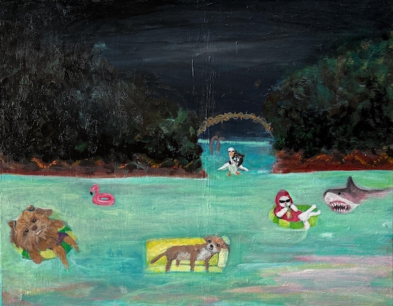 Surreal Animal Pool Party Painting: Original Acrylic Art home decor 16x20 in