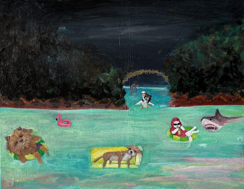 Surreal Animal Pool Party Painting: Original Acrylic Art home decor 16x20 in image 1
