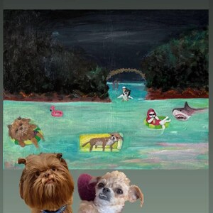 May include: An oil painting titled "animal party" depicts dogs and a shark enjoying a pool party. The painting features a dark, moody background with a bridge and a few dogs floating on rafts. Two dogs are in the foreground.
