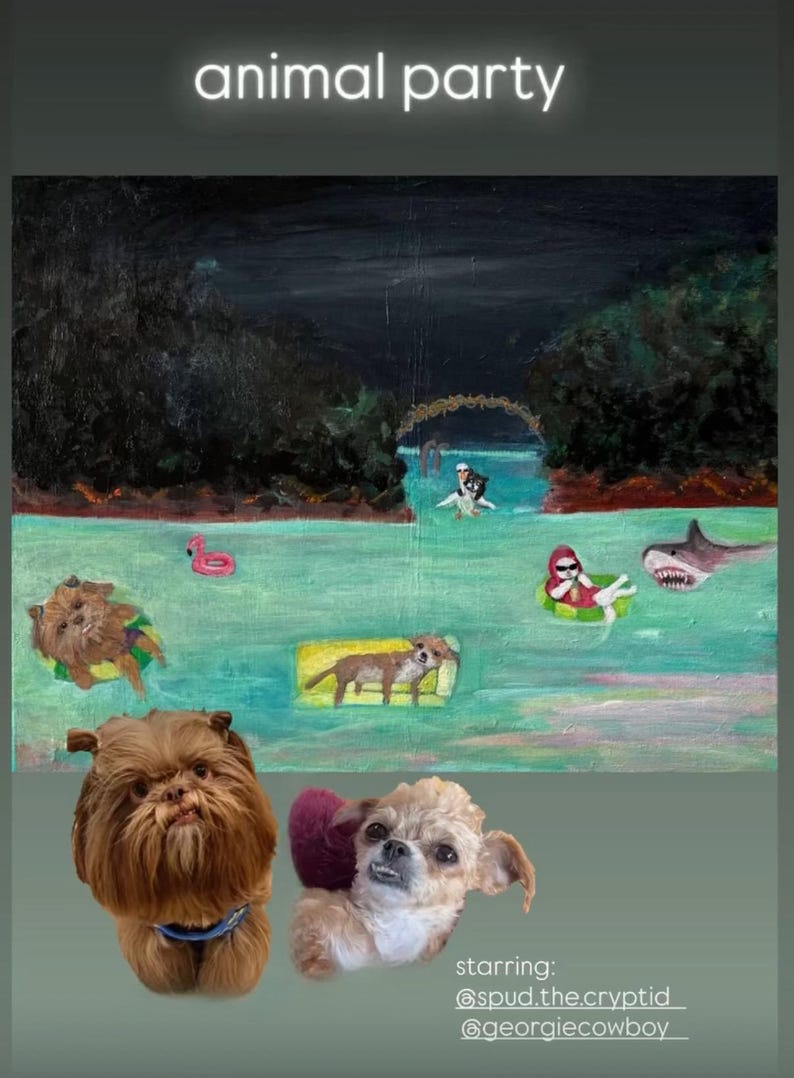 May include: An oil painting titled "animal party" depicts dogs and a shark enjoying a pool party. The painting features a dark, moody background with a bridge and a few dogs floating on rafts. Two dogs are in the foreground.