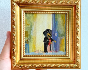 Dachshund Dog Painting, Original Mini Acrylic Art, Framed 6x6in, hand painted art