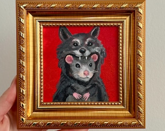 Original Mouse Oil Painting -in  Wolf Costume, Gold Frame, Whimsical Animal Art