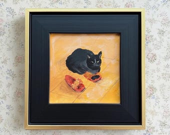 Black Cat acrylic Painting, Mini Frame, hand-painted art