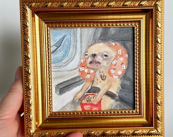 オリジナルチワワ絵画、ゴールドフレーム、風変わりなペット肖像画、ミニキャンバスアート