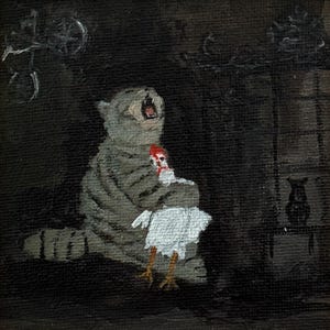 May include: An oil painting depicts a gray tabby cat with its mouth open, holding a white chicken with red accents. The artwork is set against a dark background, with a silhouette of a cat on the right.