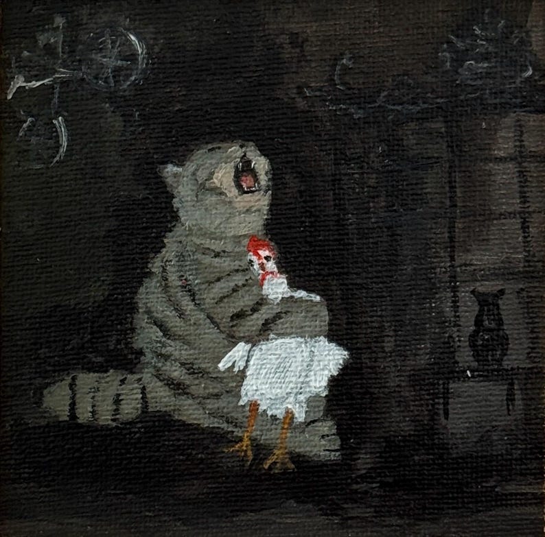May include: An oil painting depicts a gray tabby cat with its mouth open, holding a white chicken with red accents. The artwork is set against a dark background, with a silhouette of a cat on the right.