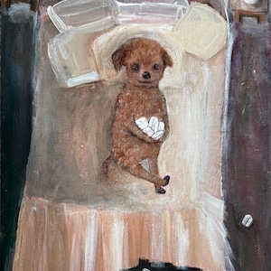 Toy Poodle Painting: Dog with AirPods, Vintage Style handmade home decor