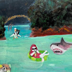 Surreal Animal Pool Party Painting: Original Acrylic Art home decor 16x20 in image 8