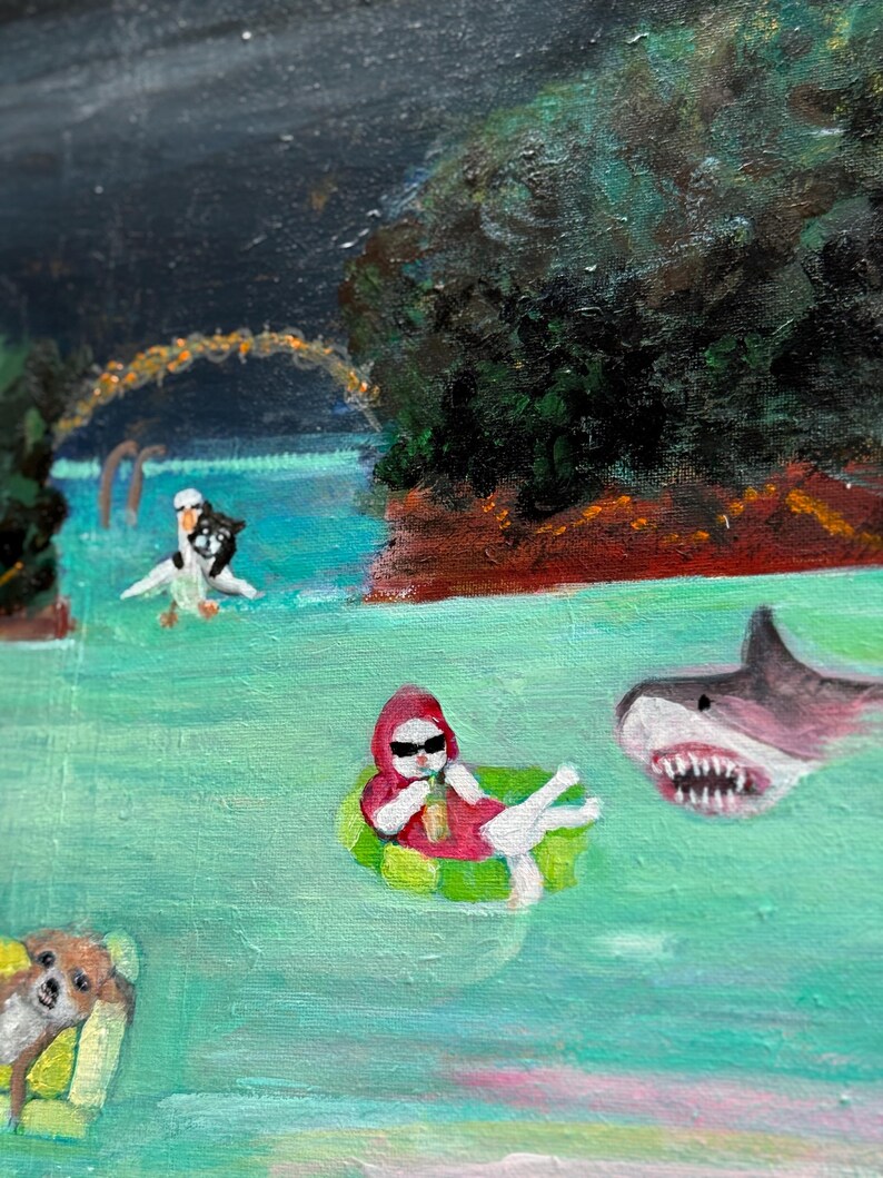 Surreal Animal Pool Party Painting: Original Acrylic Art home decor 16x20 in image 8