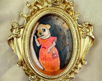 Miniaturowy obraz Chihuahua, złota owalna rama, ręcznie robiony