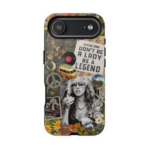 May include: A phone case with a collage design featuring a vintage aesthetic. The design includes a black and white image of a woman, a record, a peace sign, a bus, and the text "DON'T BE A LADY BE A LEGEND". The case has a black camera cutout.