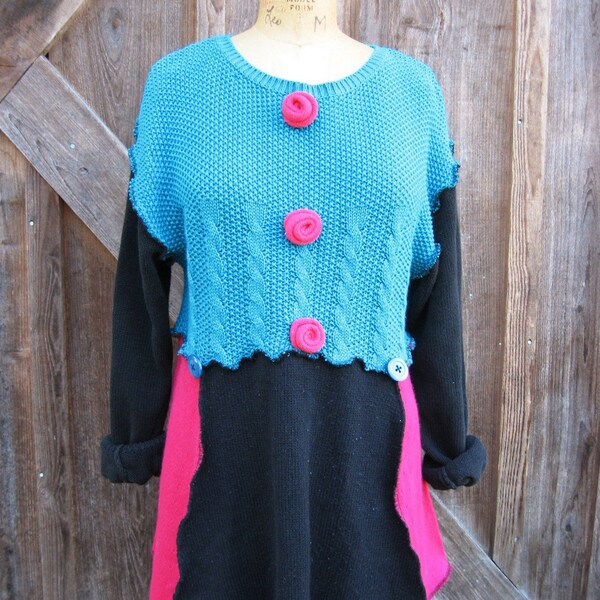 recycled reconstructed sweater tunic turquoise black hot pink