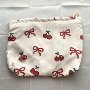 Chic Cherry Bow Print Corduroy Makeup Bag - Lightweight, Multi-Functional Cosmetic & Toiletry Organizer with Lining - For Women -