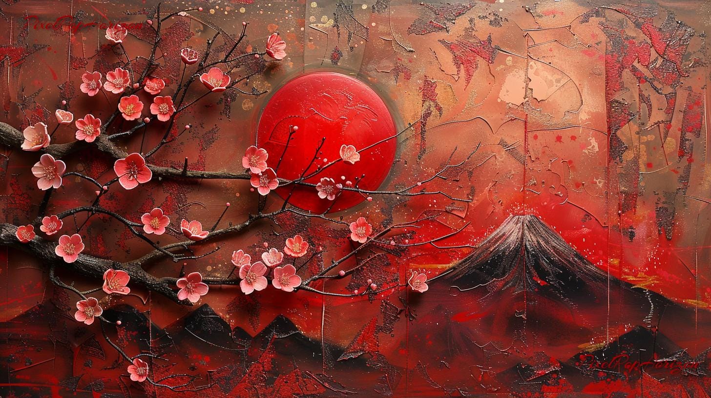 【真作】絵画　日本画　静寂の中の微笑　柔らかな色彩の幻想的な仏画　W55 Red Mount Fuji With Cherry Blossoms | Textured 3D Look Japanese