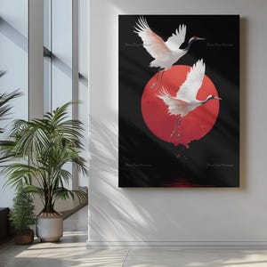 Japanese Crane Art Print Set: Red Sun Zen Decor (Digital Download)