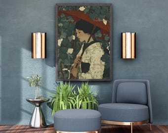 May include: A framed artwork depicts a woman in a kimono holding a red umbrella, set against a backdrop of green foliage. The room features a blue chair, ottoman, and wall sconces with gold accents. A small silver side table holds a plant.