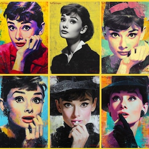 May include: A collage of six portraits of Audrey Hepburn, each with a different pose and style. The portraits feature vibrant colors and a pop art aesthetic, with a yellow background.
