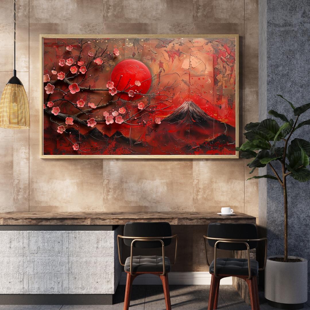 Red Mount Fuji With Cherry Blossoms | Textured 3D Look Japanese