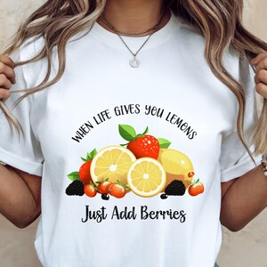 Bright Lemons and Berries T-Shirt | Summer Fruit Graphic Tee | Trendy Farmers Market Shirt | Colorful Citrus and Strawberry Design T Shirt