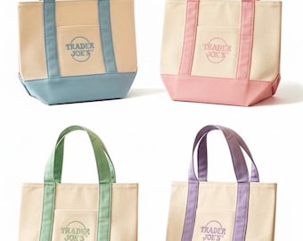 In Hand Set of 4 Authentic  TJ Trader Joe’s Spring Reusable Canvas Gift Bags PASTEL Mini Tote Bags NWT Blue, Pink, Teal Purple