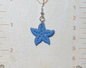 Blue Starfish Polymer Clay Earrings.  Handmade Ocean Inspired Dangle Earrings. Lightweight Beach Jewelry