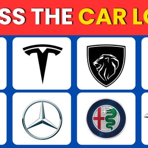 May include: Image featuring a game titled "GUESS THE CAR LOGO". The image displays eight car logos, including Ferrari, Tesla, Peugeot, Maserati, BMW, Mercedes-Benz, Alfa Romeo, and Opel, each in a square frame.