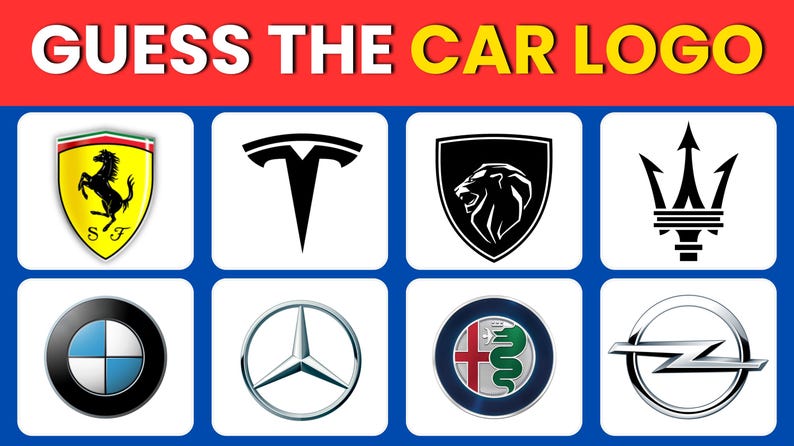 May include: Image featuring a game titled "GUESS THE CAR LOGO". The image displays eight car logos, including Ferrari, Tesla, Peugeot, Maserati, BMW, Mercedes-Benz, Alfa Romeo, and Opel, each in a square frame.