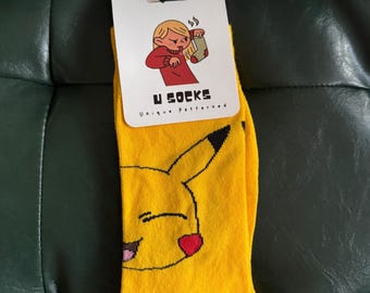 Yellow Pikachu Inspired Crew Socks – Cute Cartoon Anime Character Socks – Unisex Adult Size 6–12 – Fun Gift for Gamers & Anime Lovers