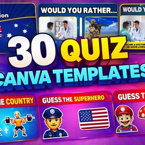 Pode incluir: Um gráfico vibrante que promove "30 Quiz Canva Templates". O design apresenta várias categorias de quiz, incluindo "Adivinhe o país", "Adivinhe o super-herói" e "Adivinhe o filme". A bandeira australiana também é visível.
