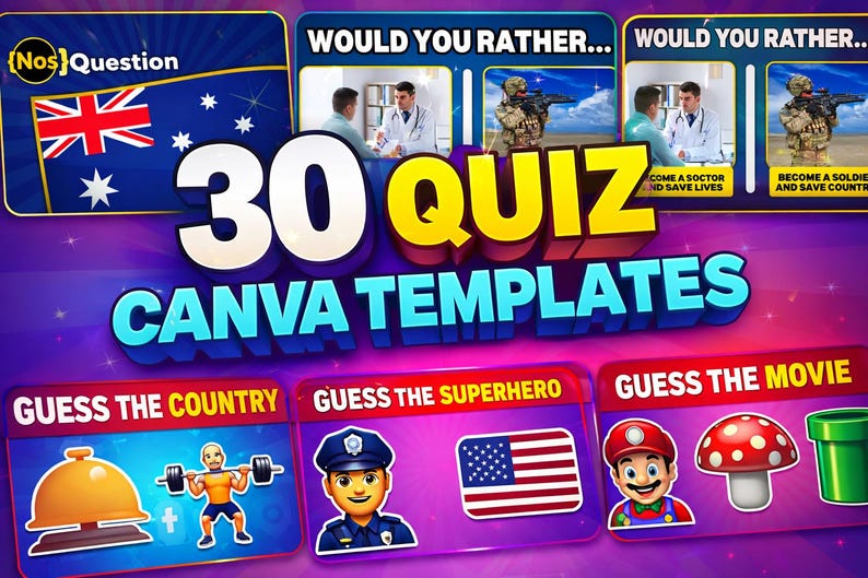 May include: A vibrant graphic promoting "30 Quiz Canva Templates." The design features various quiz categories, including "Guess the Country," "Guess the Superhero," and "Guess the Movie." The Australian flag is also visible.