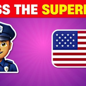 May include: Image with the text "GUESS THE SUPERHERO" in white and yellow. It features a police officer emoji and the American flag. The background is a gradient of purple and pink.