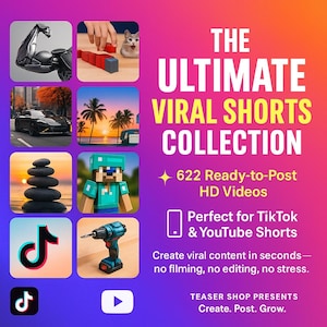 May include: A promotional graphic with a vibrant gradient background. It features a collection of images, including a weightlifter arm, a cat, a car, a beach scene, stacked stones, a Minecraft character, a drill, and social media icons. Text reads "THE ULTIMATE VIRAL SHORTS COLLECTION."