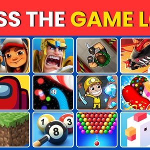 May include: A colorful graphic with the text "GUESS THE GAME LOGO" at the top. The image is divided into squares, each displaying a logo from a popular video game, including Temple Run, Subway Surfers, and Roblox.