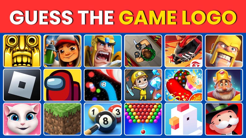 May include: A colorful graphic with the text "GUESS THE GAME LOGO" at the top. The image is divided into squares, each displaying a logo from a popular video game, including Temple Run, Subway Surfers, and Roblox.