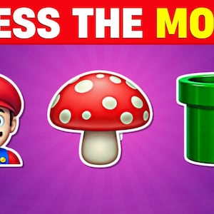 May include: Image with the text "GUESS THE MOVIE" in red and yellow. The image features a cartoon of Mario, a red mushroom with white spots, and a green pipe, all on a purple background.