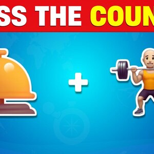 May include: Image with the text "GUESS THE COUNTRY" in white and yellow. It shows a gold bell emoji plus a weightlifting emoji on a blue background. The bell is on a brown base.