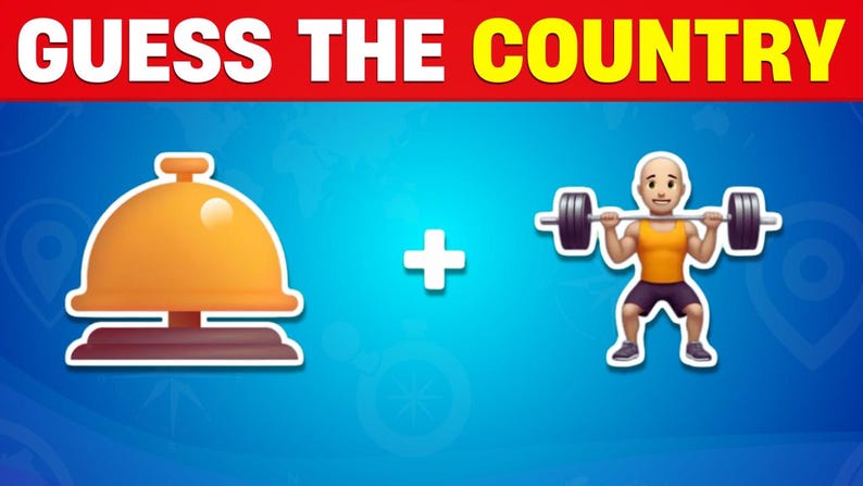May include: Image with the text "GUESS THE COUNTRY" in white and yellow. It shows a gold bell emoji plus a weightlifting emoji on a blue background. The bell is on a brown base.