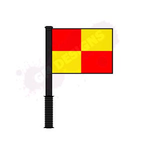 Op de afbeelding: Een zwart-gele geblokte vlag bevestigd aan een zwarte paal. De vlag wordt gebruikt voor signalering in sport.