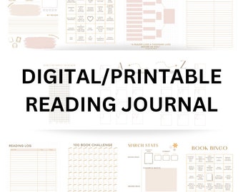 May include: A printable reading journal with sections for book reviews, a 100 book challenge, reading log, and a book bingo card. The journal has a pink and gold color scheme.