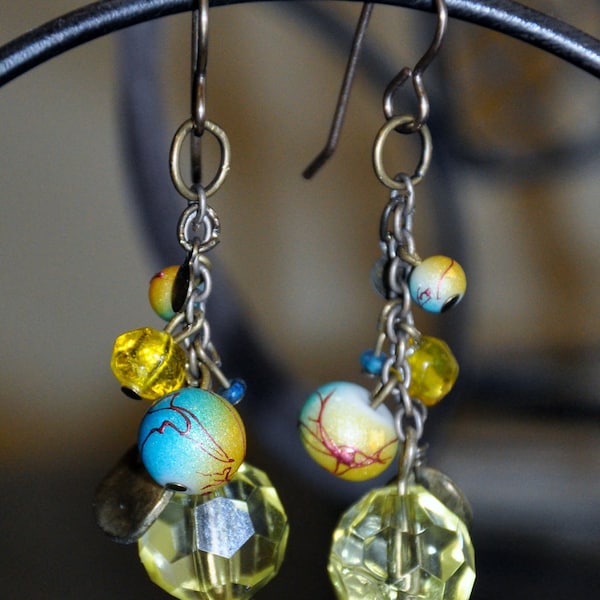 Turquoise, Yellow and Antique Brass Dangle Earrings