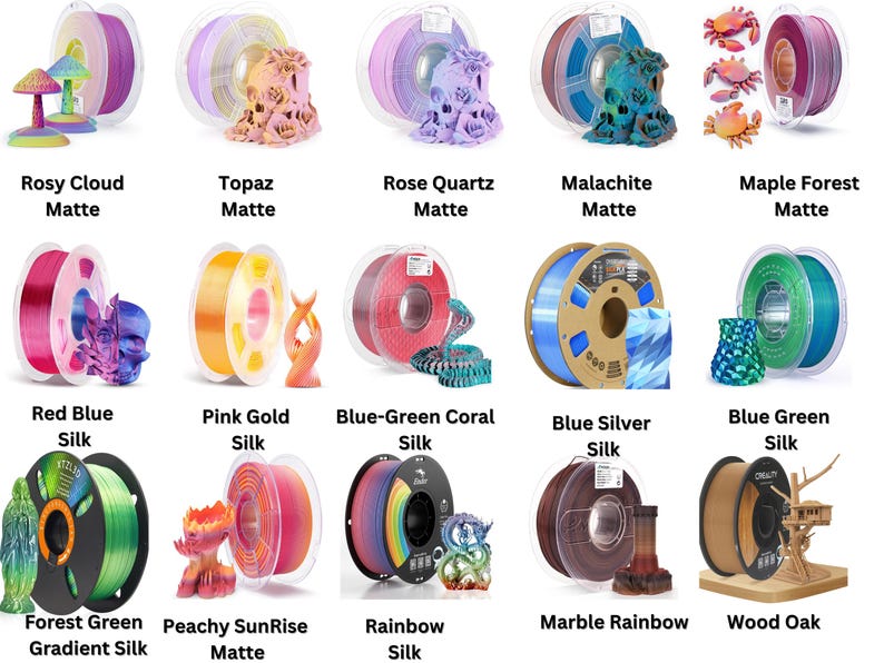 May include: Assortment of 12 spools of filament for 3D printing in various colors and finishes, including matte, silk, and gradient silk. The filament is arranged in three rows of four spools each. Each spool has a label with the name of the filament color and finish.