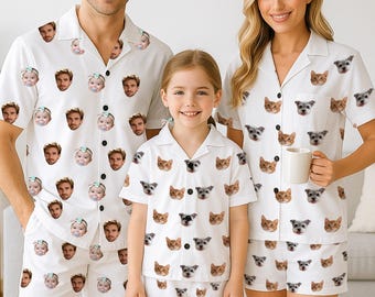 Custom Photo Pajama Set, Personalized Face or Pet Print Short Sleeve PJs, Matching Family Sleepwear, Fun Christmas Gift for Couples