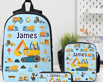Aangepaste rugzak voor jongens, schoolboekentas dinosaurus en vrachtwagen met naam, gepersonaliseerde lunchtas en etui, cadeauset terug naar school