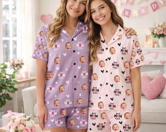 Gepersonaliseerde Moederdag-pyjama, pyjama voor beste moeder ooit, pyjama met aangepaste foto met korte mouw, nachtkleding met gezichts- of huisdierprint, bijpassend familiecadeau