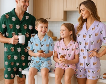 Custom Photo Short Sleeve Pajamas, Personalized Face or Pet Print PJs, Matching Couples or Family Sleepwear, Fun Christmas Gift