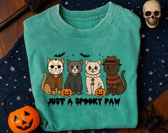 Just a Spooky Paw Shirt, Halloween cat tee, cute cat shirt, spooky vibes, retro style, cat lover gift, festive Halloween top, fun fall shirt