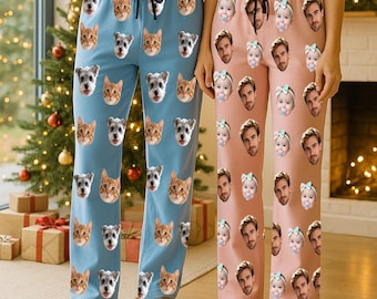 Pantaloni del pigiama con faccia di animale domestico, pigiama personalizzato con foto di cani e gatti per uomo e donna, comodo abbigliamento da casa, regalo di Natale unico per i proprietari di animali domestici