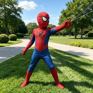 Op de afbeelding: Een volledig Spiderman-kostuum met een rood en blauw kleurenschema en een zwart spinnenembleem op de borst. Het pak bevat een bijpassend masker met witte ooglenzen en een webpatroon over de rode delen van de stof.